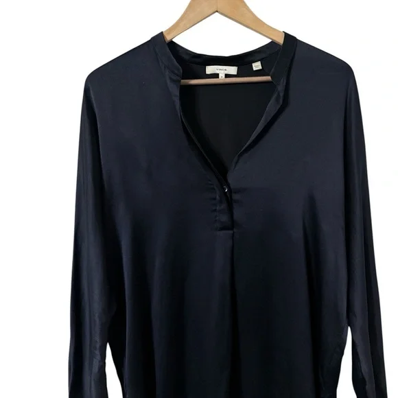 VINCE Band Collar Silk Navy Long Sleeve Blouse Top - Picture 5 of 8